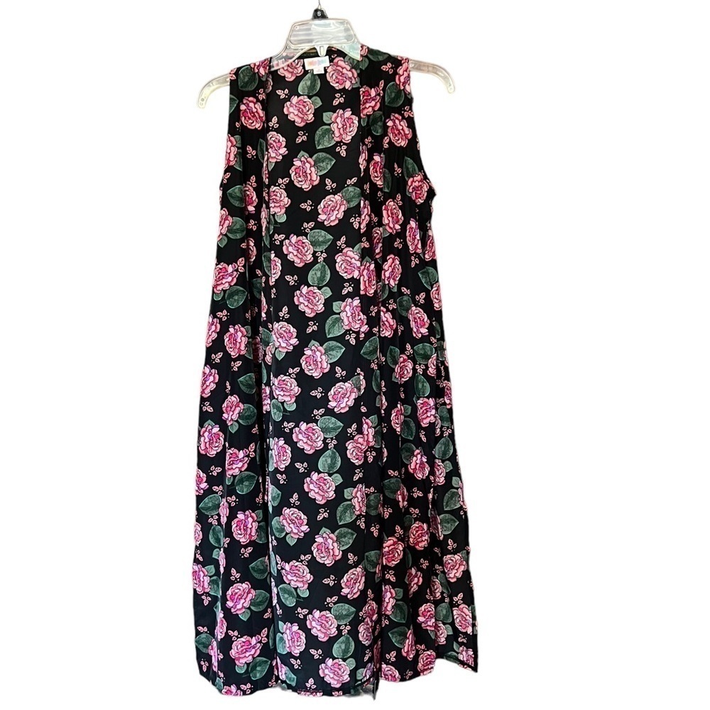LuLaRoe Joy Long overlay Vest Cardigan. size small, black with floral crepe
